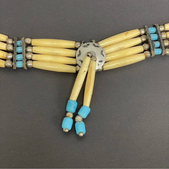 Vintage Native American Natural Bone Bead Tie Choker Leather Blue Bolero Unisex - Picture 9 of 9